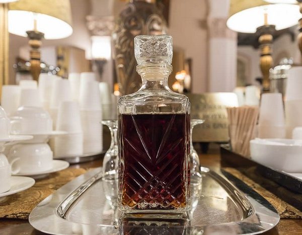 Sherry decanter in hotel lobby