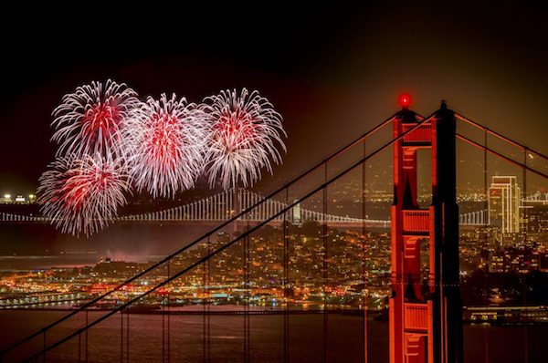 Fireworks display over the Golden Gate Bridge 