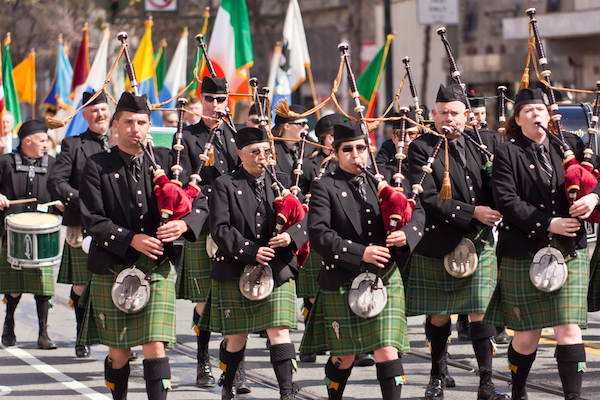 Bagpipe players march during St Patrick's Day. 